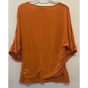 1️⃣ Peter Nygard Orange Ruched Tunic Top L Dolman Sleeve Braid Trim Blouse